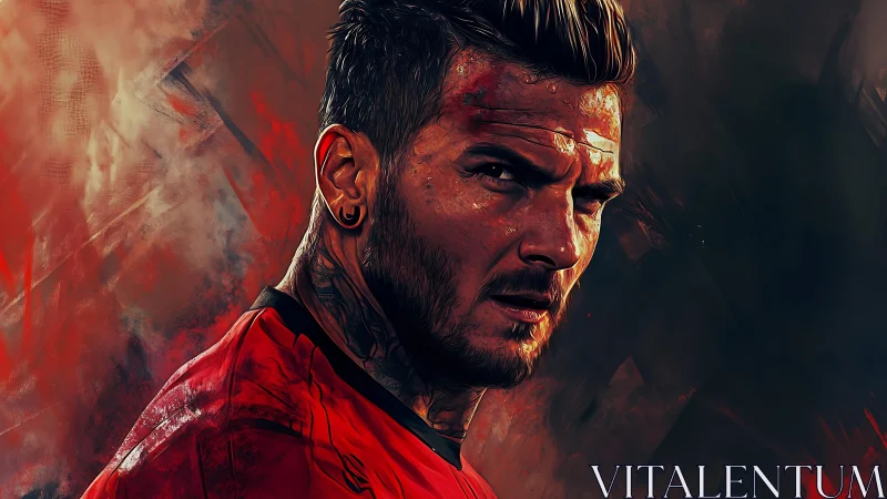 Intense tattooed footballer portrait in dramatic red lighting