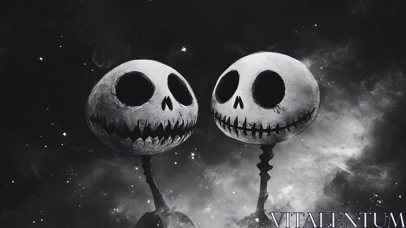 Monochrome skeletal heads on stems in diffuse space field.