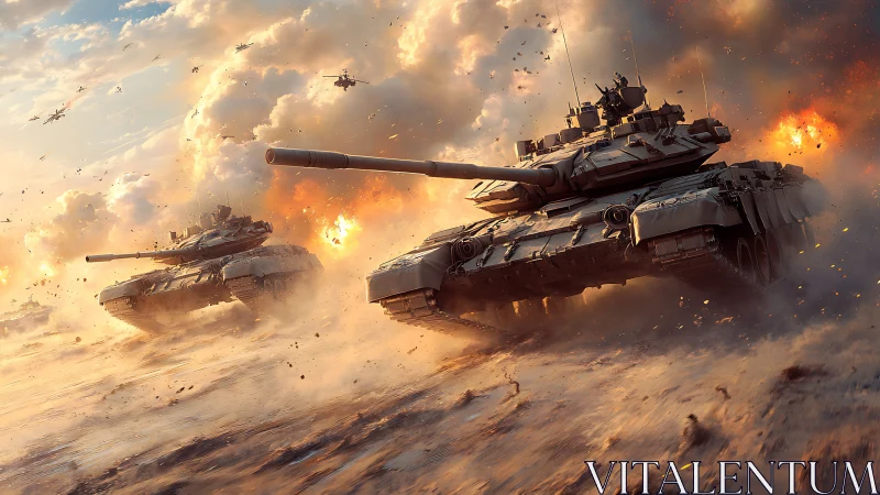 Steel stormbreakers surge through a burning desert battlefield.