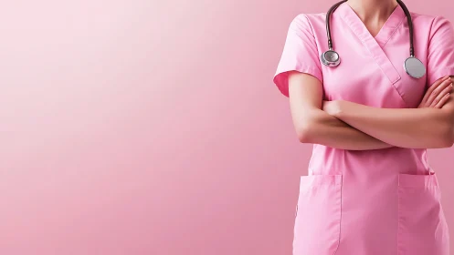Confident Nurse in Pink Scrubs with Stethoscope, Modern Minimalism.