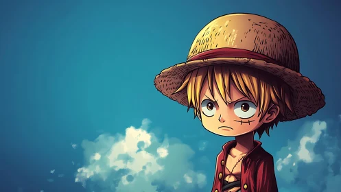 Cartoon boy in straw hat stands against blue sky background