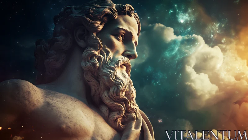 Colossal marble deity profile amid cosmic nebula clouds.
