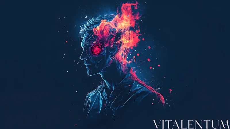 Neon silhouette portrait with erupting cyber flame mind.