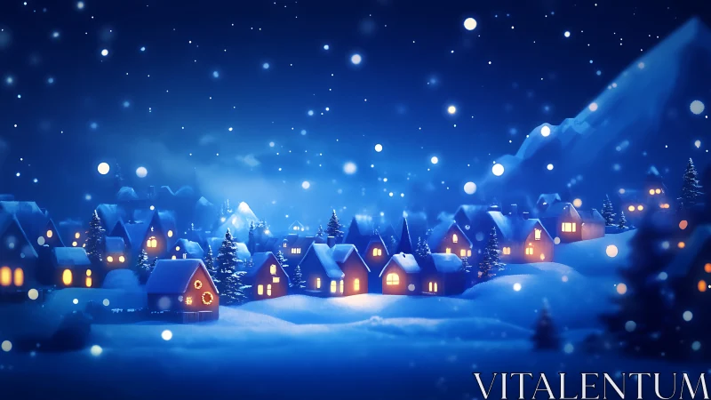 Noctilucent alpine hamlet under volumetric snowfall glow.