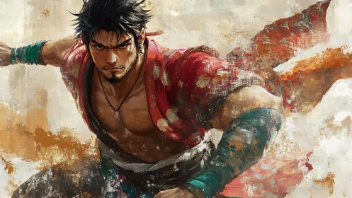 Fierce warrior in motion wrapped in windswept crimson cloth.