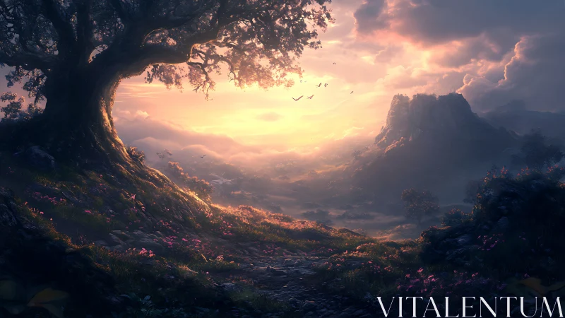 Sunlit mystic valley beneath sprawling ancient tree.