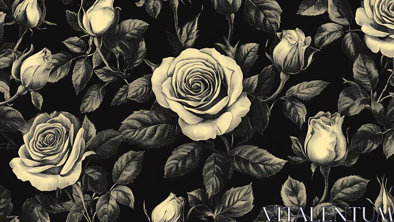 Monochrome Roses Against Black. Classical Botanical Study.