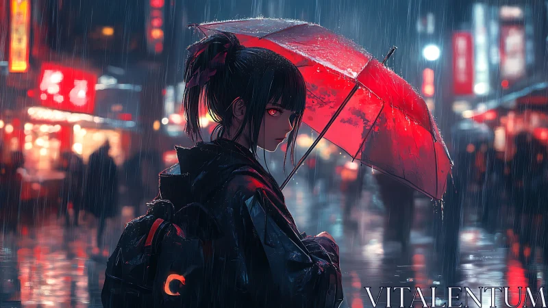Girl with red umbrella in rainy neon city street at night.