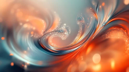 Swirling orange teal light ribbons with sparkling particles.