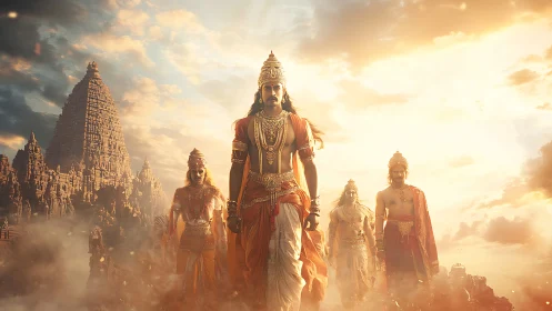 Mythic warriors approach ancient temple under golden sky.