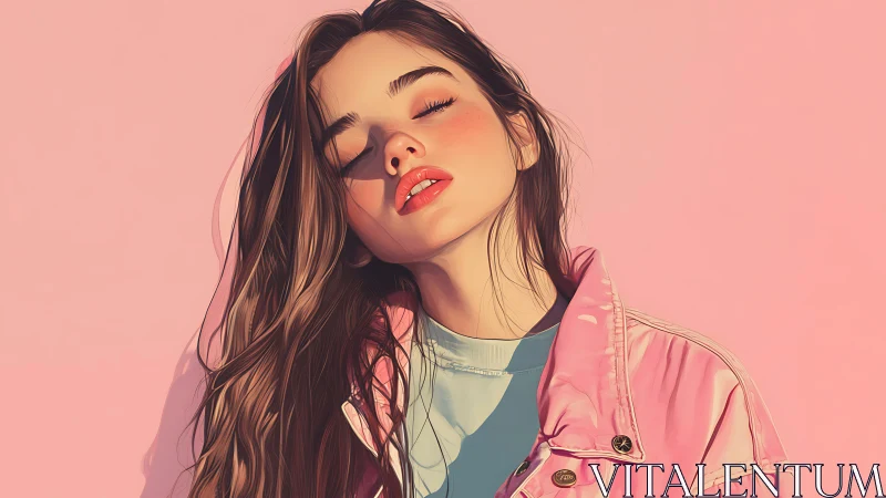 Digital painting portrait with pastel pink minimalist backdrop.