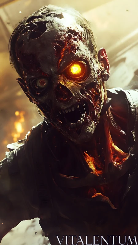 Burned skeletal humanoid with glowing eye in harsh light.