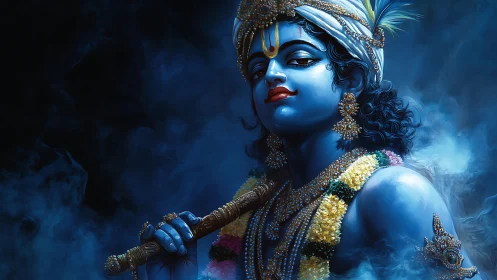 Blue-skinned divine musician holds flute amid swirling blue mist