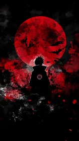 Silhouetted warrior before blood-red moon in grunge anime composition