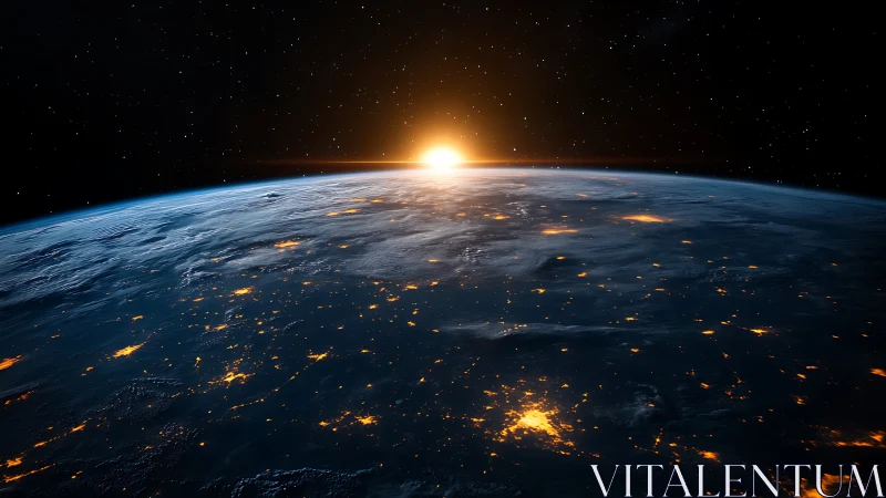 Low-orbit sunrise over illuminated Earth cities and starfield