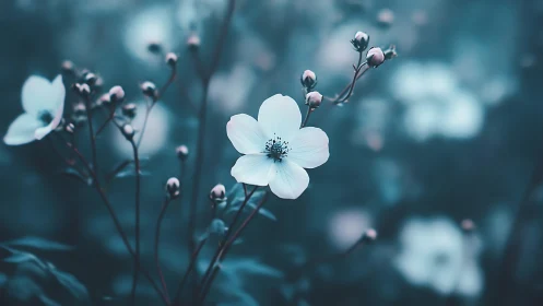 Delicate White Blossoms in Teal Monochromatic Palette.