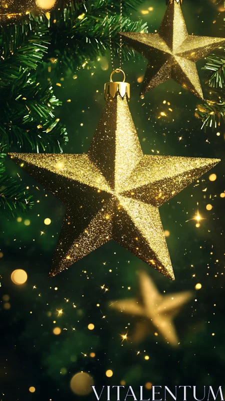 Golden star ornament hangs in front of blurred tree lights