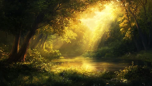 Golden forest clearing wrapped in soft, peaceful sunlight.