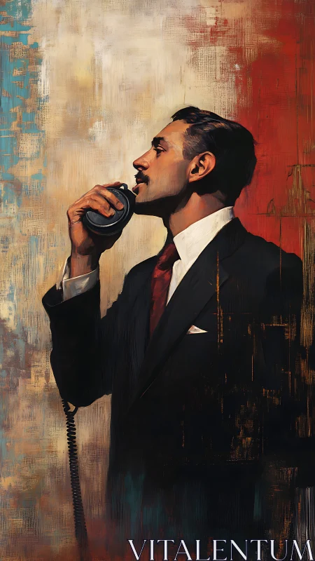 Dapper orator with vintage mic against burning brushstrokes.