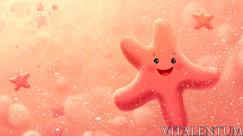Smiling cartoon starfish character floats in bubbly liquid