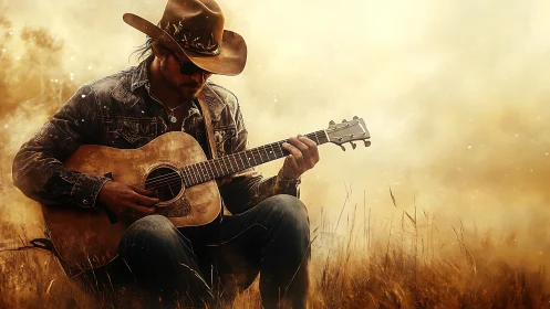 Cowboy guitarist plays softly in a golden field at dusk.