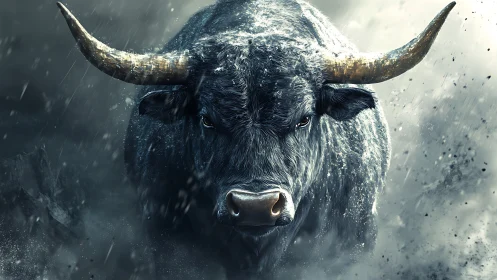 Charging bull in storm with dramatic lighting and motion.