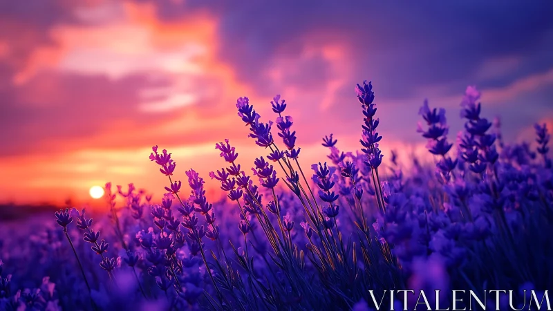 Lavender field silhouettes under vivid sunset sky. Period.