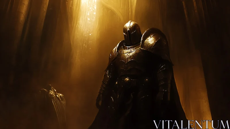 Lone armored knight stands beneath a burning golden light