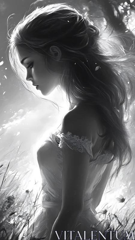 Solitary girl in sunlit meadow rendered in grayscale digital art.