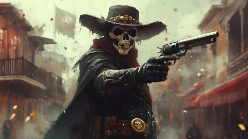 Gun-smoke dances as a skeletal gunslinger claims the street