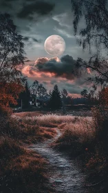 Supermoon above autumn field path with silhouetted birch trees