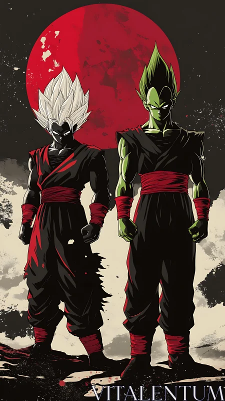 Dual anime warriors under crimson moonlit sky.