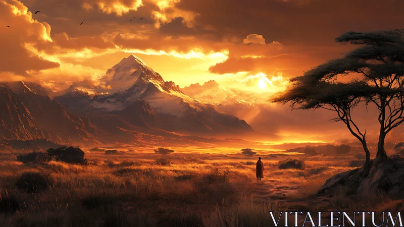 Lone wanderer crossing ember-lit valley beneath blazing peaks.