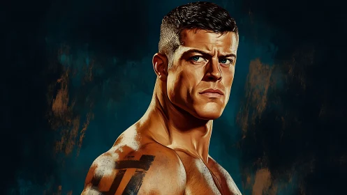 Male torso profile in stylized digital portrait format.