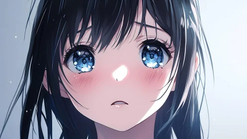 Tearful anime girl gazes upward with luminous blue eyes