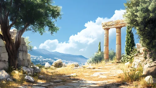 Sunlit Greek temple ruins above distant coastal valley.