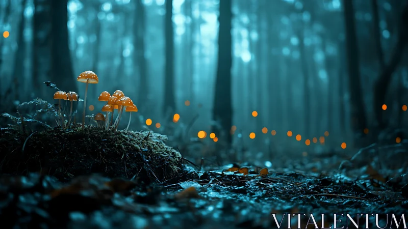 Bioluminescent Mushrooms in Misty Coniferous Forest.