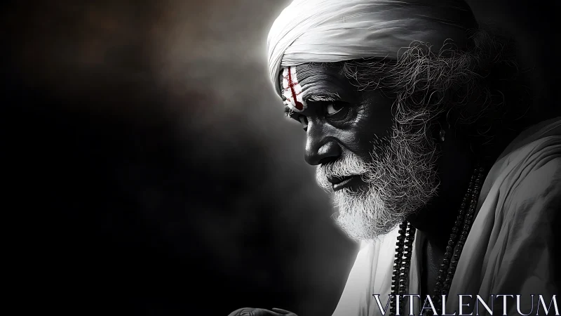 Elderly man in turban with beads in high contrast light.