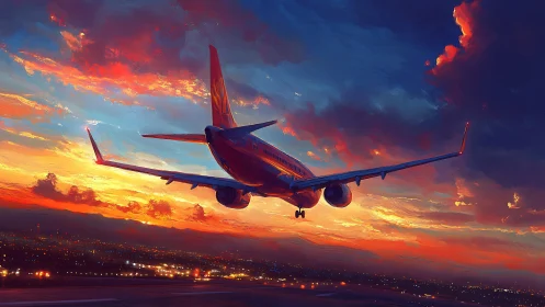 Airliner descends through saturated sunset skies in painterly light