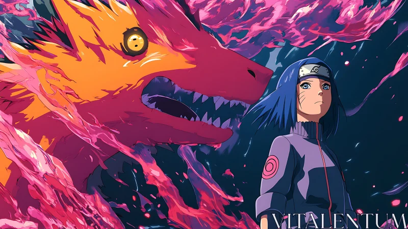 Chakra-cloaked shinobi stands before spectral fox avatar in flames