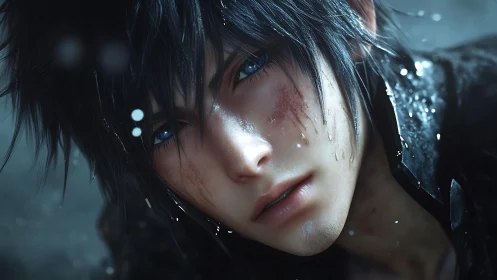 Wet haired anime boy with blue eyes and facial scratches.