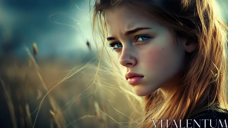 Wind-kissed girl with blue eyes in a quiet golden field.