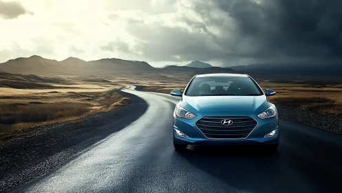 Blue sedan on wet rural road under overcast sky.