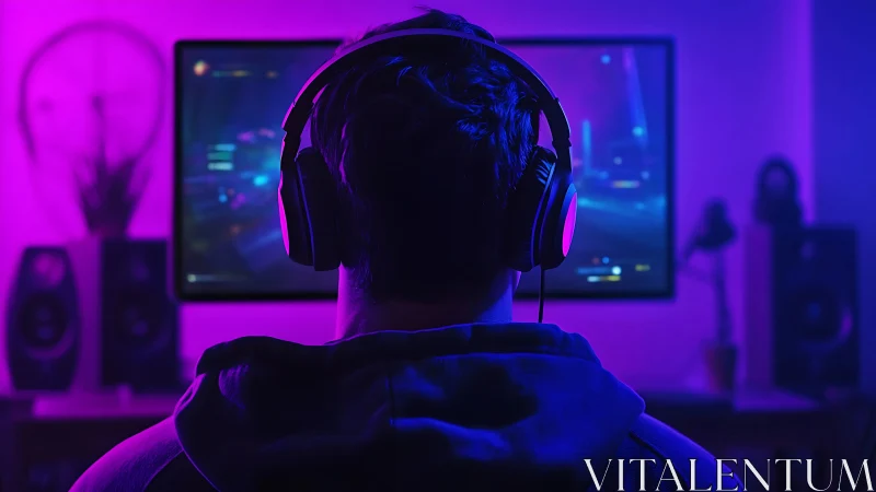 Person wearing headphones faces gaming monitor in dim room