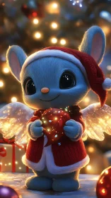 Blue plush Christmas mouse holding glowing heart ornament.