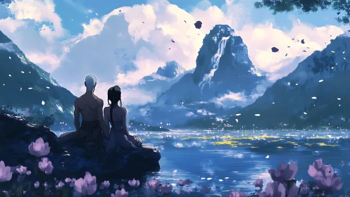 Two Figures Contemplate Luminous Mountain Lake at Dawn.