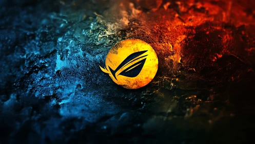 Gaming emblem on textured blue and orange abstract field.