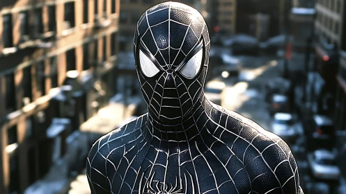 Midtown rooftop vigil with a dark-suited webbed guardian.