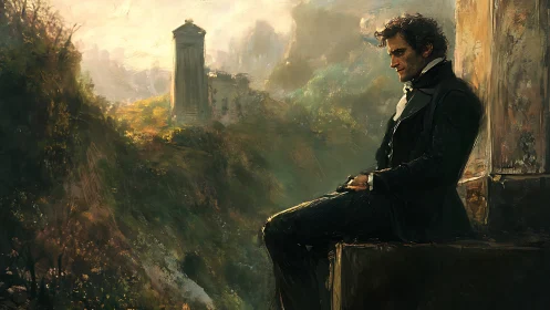 Melancholic gentleman on stone ledge before misty ruins at dusk