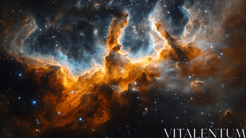 Cosmic nebula glows with fiery gases and dense starfields.